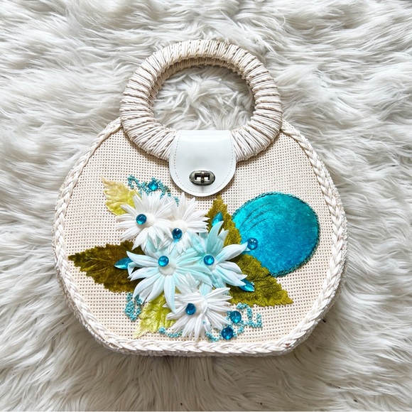 Handbags - Vintage Made in Japan Cream & Blue Floral Appliqué Turn Lock Handbag